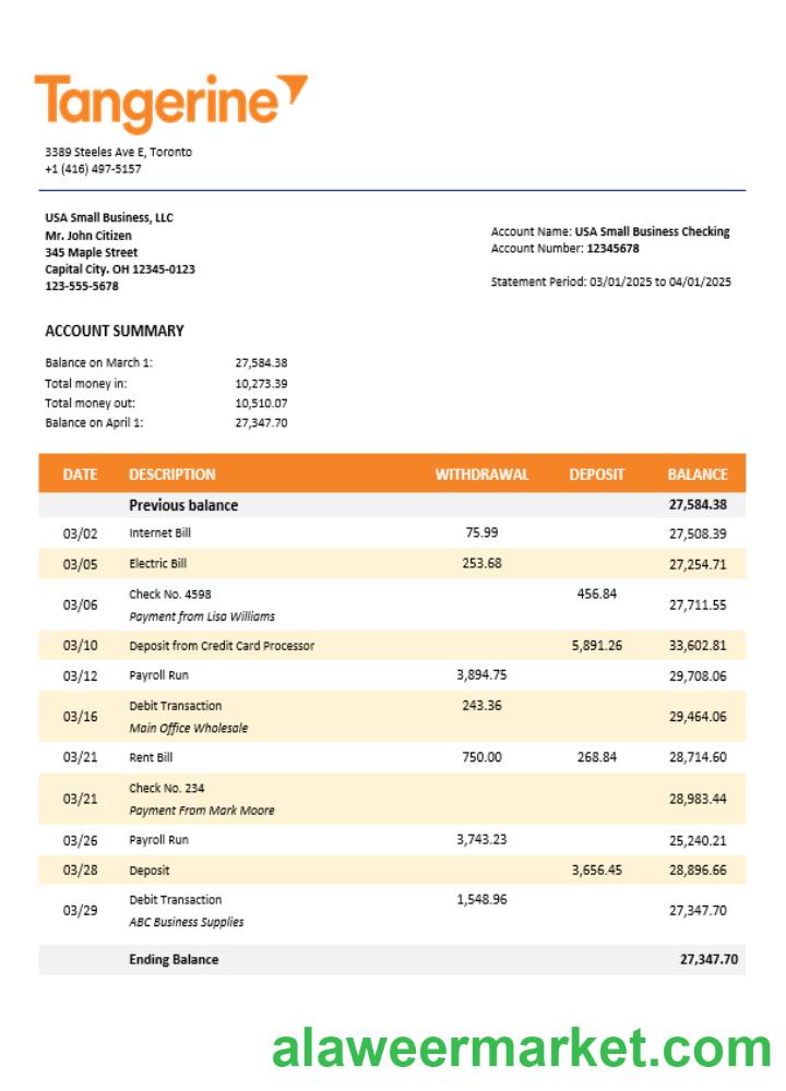 Tangerine business bank statement Word and PDF format